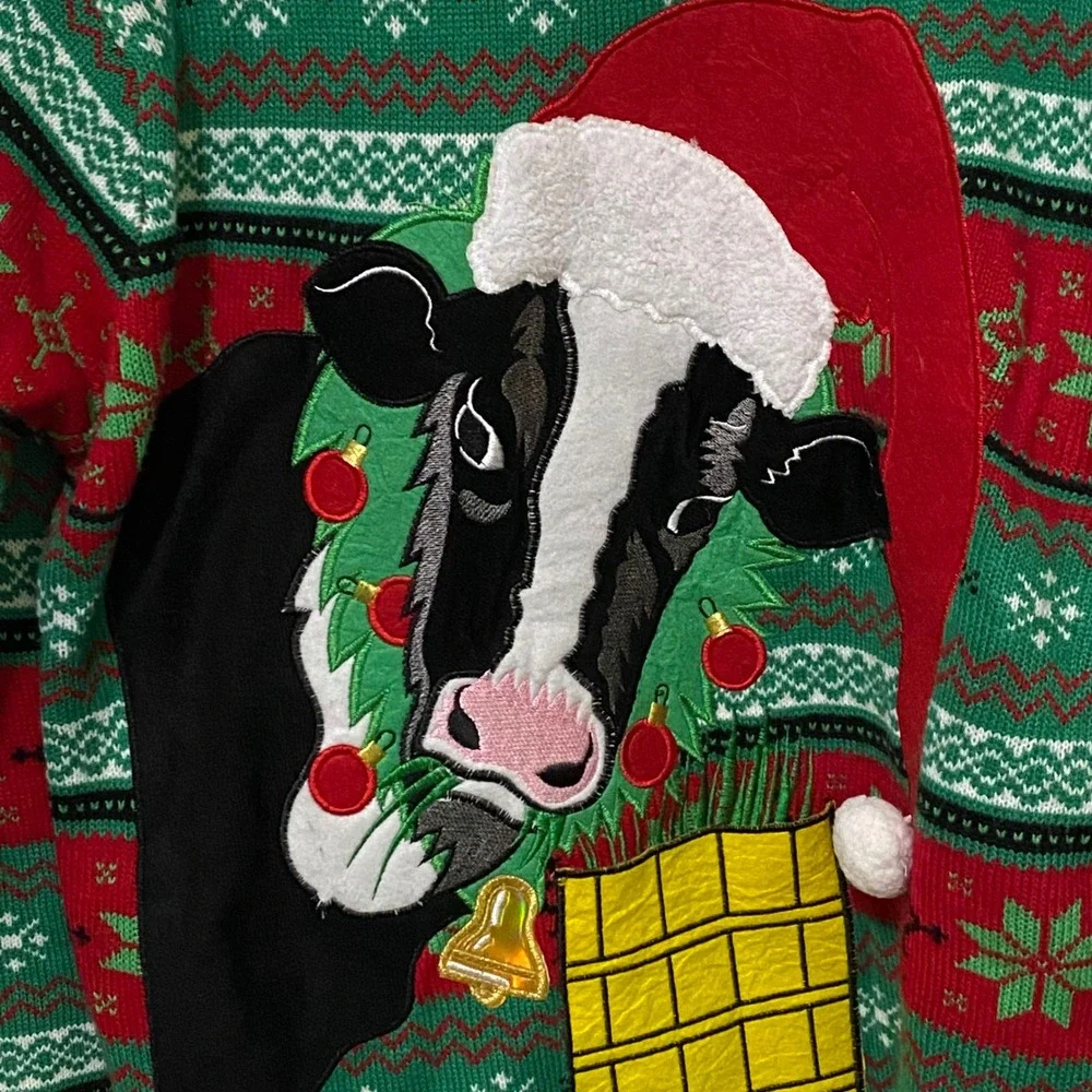 Festive Cow Novelty Nordic Christmas Sweater XL Country Farmhouse Kitschy Pocket